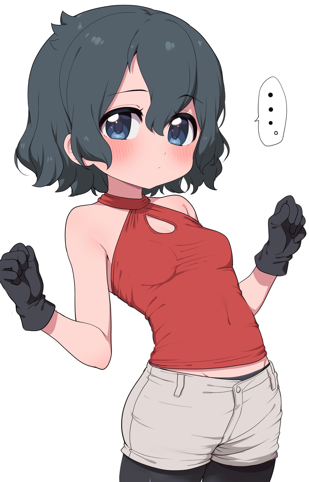 1girl adapted_costume bare_shoulders black_gloves black_hair black_pantyhose blue_eyes blush commentary_request cowboy_shot gloves grey_shorts highres kaban_(kemono_friends) kemono_friends no_headwear pantyhose pantyhose_under_shorts ransusan red_shirt shirt short_hair short_shorts shorts sleeveless tight tight_shirt