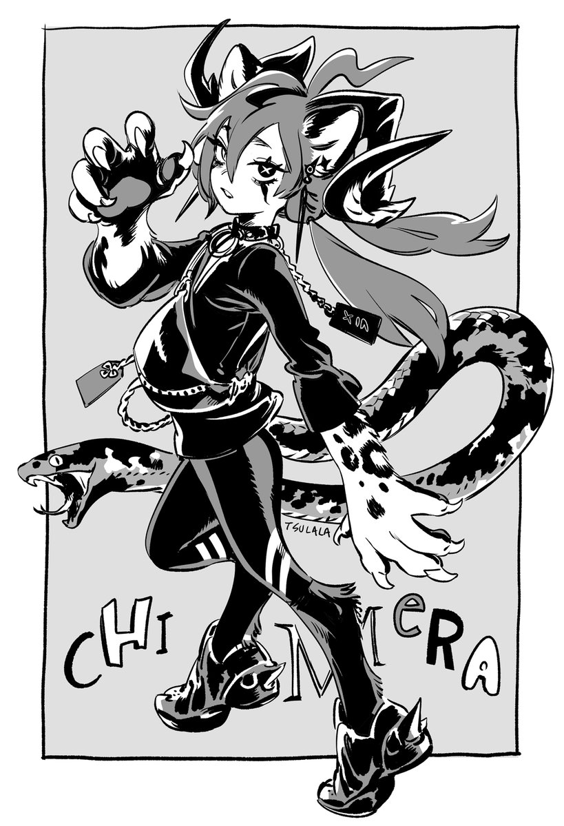 1other ahoge animal_ears animal_feet animal_hands artist_name chimera claws collar digitigrade ear_piercing extra_mouth fanny_pack full_body goat_horns grey_background greyscale hair_between_eyes hand_up high_contrast horns jaguar_ears long_hair looking_at_viewer low_twintails monochrome o-ring_collar original piercing rem_(artist) scales shoes snake_tail solo studded_collar symbol-shaped_pupils tail tiptoes twintails x-shaped_pupils