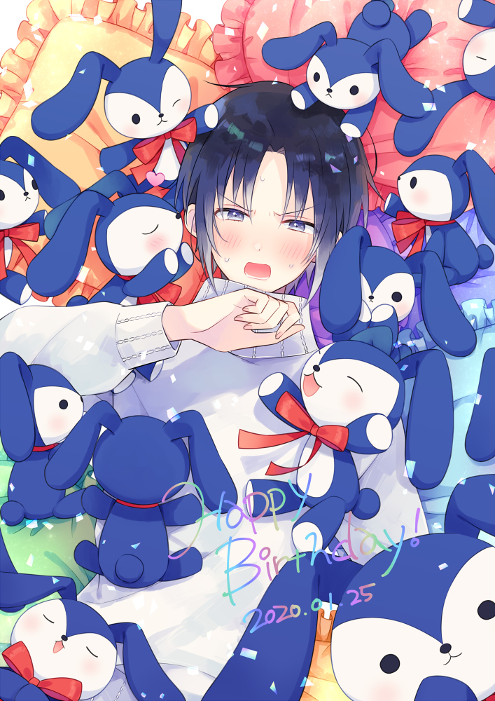 1boy bed bishounen black_hair blue_hair blush confetti gradient_hair grey_eyes happy heart idolish_7 izumi_iori looking_at_viewer lying male_child male_focus multicolored_hair open_mouth pillow short_hair solo stuffed_toy sweatdrop sweater tayako v-shaped_eyebrows younger