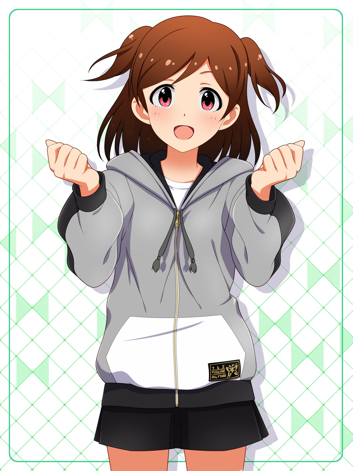 1girl 920-k :d aoba_misaki bangs black_skirt blush brown_hair commentary_request grey_hoodie grey_jacket highres hood hoodie idolmaster idolmaster_million_live! jacket long_sleeves looking_at_viewer open_mouth red_eyes shirt short_hair skirt smile solo two_side_up white_shirt zipper