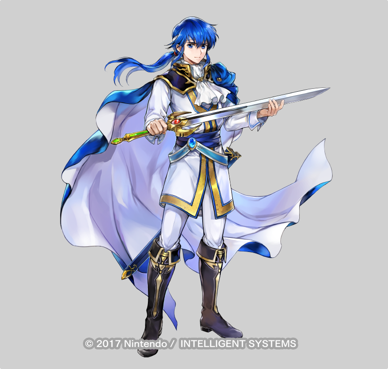 1boy armor ascot bangs belt black_footwear blue_belt blue_cape blue_eyes blue_hair boots cape cosplay fire_emblem fire_emblem:_genealogy_of_the_holy_war fire_emblem_heroes full_body grey_background hair_between_eyes headband holding holding_sword holding_weapon jacket light_smile long_hair long_sleeves looking_at_viewer low_ponytail male_focus official_art pants scabbard seliph_(fire_emblem) sheath shoulder_armor sigurd_(fire_emblem) sigurd_(fire_emblem)_(cosplay) simple_background solo standing sword tyrfing_(fire_emblem) wada_sachiko weapon white_ascot white_jacket white_pants