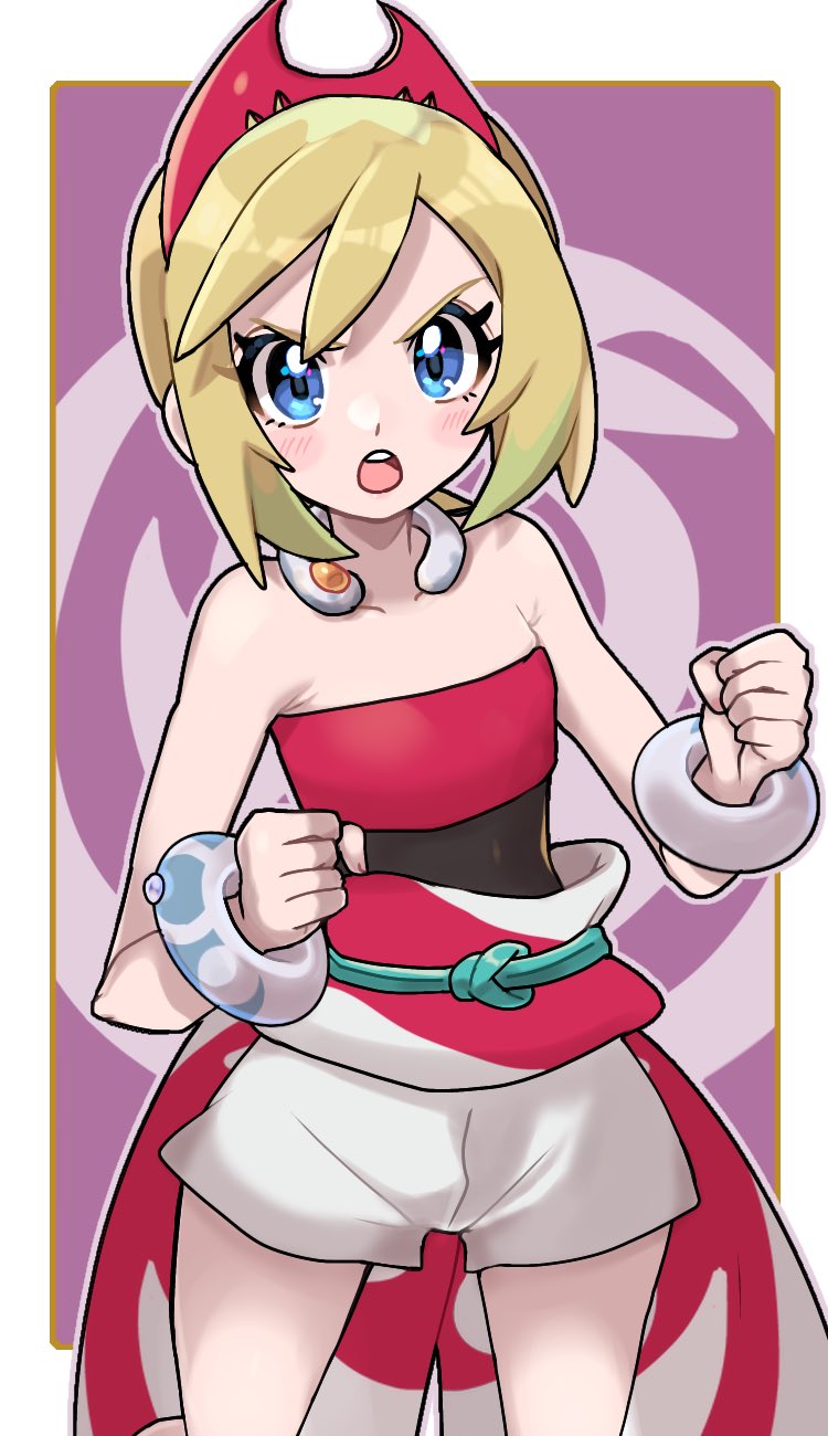 1girl arm_wrap blonde_hair blue_eyes fu_(tk1189227dhy) hairband highres irida_(pokemon) jewelry neck_ring pokemon pokemon_(game) pokemon_legends:_arceus red_hairband red_shirt shirt short_hair shorts solo strapless strapless_shirt waist_cape white_shorts