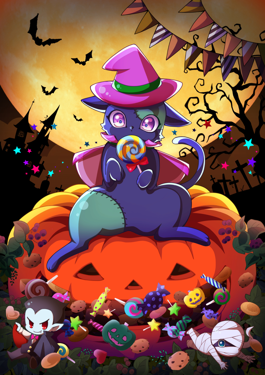 bare_tree berry candy cape cat chibi chocolate_chip_cookie cookie food halloween haruka_nsn hat highres holding holding_candy holding_food holding_lollipop jack-o'-lantern lollipop moon mummy no_humans on_pumpkin original patchwork_skin pumpkin string_of_flags swirl_lollipop tombstone tree vampire violet_eyes witch_hat wrapped_candy