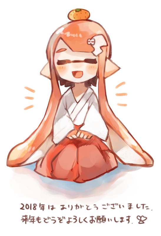 1girl 2018 closed_eyes happy_new_year inkling inkling_girl japanese_clothes long_hair looking_at_viewer miko open_mouth orange_hair own_hands_together pointy_ears simple_background sitting smile splatoon_(series) splatoon_1 tawara8853 tentacle_hair white_background