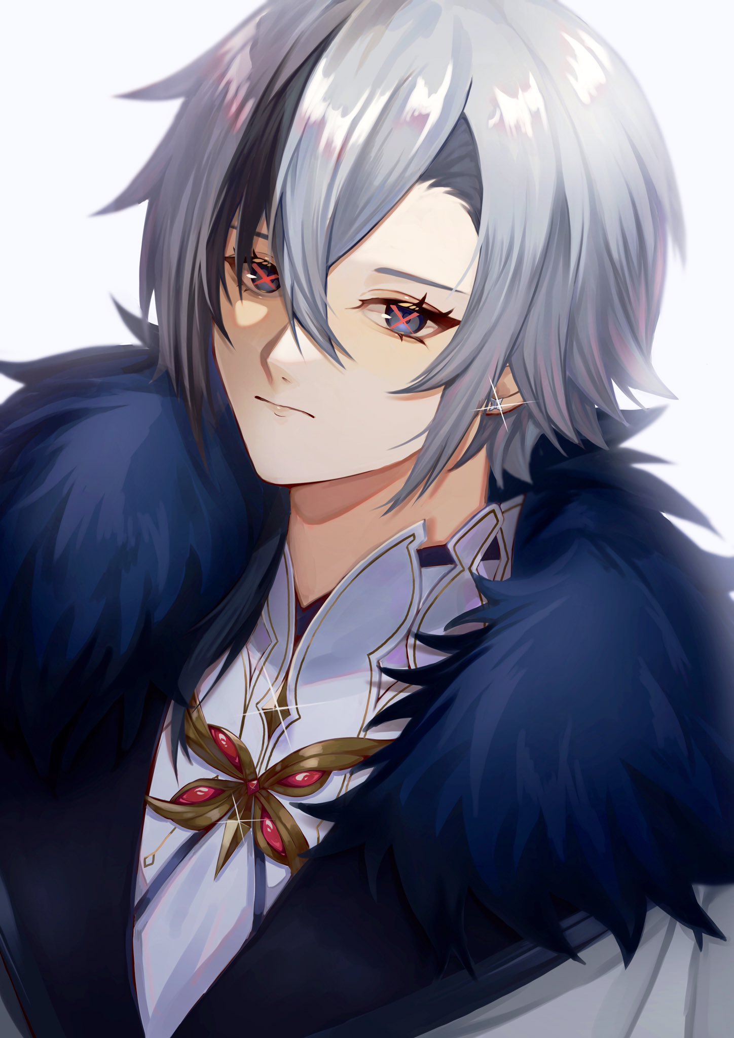 1girl androgynous arlecchino_(genshin_impact) bangs black_coat black_eyes black_hair closed_mouth coat earrings expressionless eyelashes fur-trimmed_coat fur_trim genshin_impact grey_hair hair_between_eyes highres jewelry lips looking_at_viewer multicolored_hair red_pupils seigetu810 simple_background solo sparkle symbol-shaped_pupils upper_body white_background x-shaped_pupils