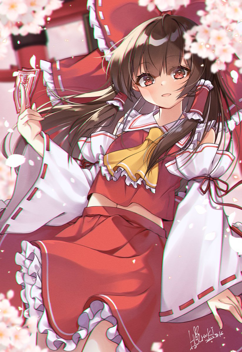 1girl artist_name ascot bangs bare_shoulders between_fingers blurry blush bow branch breasts brown_hair cherry_blossoms collared_shirt detached_sleeves eyes_visible_through_hair flower frills hair_between_eyes hair_ornament hair_tubes hakurei_reimu hand_up haruki_(colorful_macaron) highres long_hair long_sleeves looking_at_viewer medium_breasts navel ofuda open_mouth petals pink_flower pink_sky red_bow red_eyes red_ribbon red_shirt red_skirt ribbon ribbon-trimmed_sleeves ribbon_trim shirt signature skirt sky smile solo sunset torii touhou tree white_flower wide_sleeves yellow_ascot