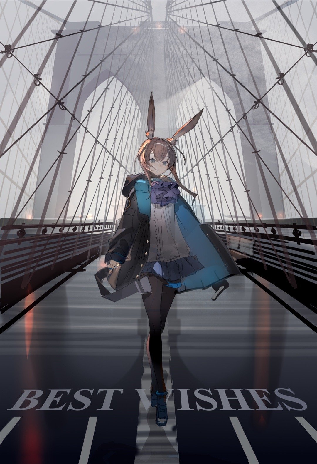 1girl amiya_(arknights) animal_ear_fluff animal_ears arknights ascot black_coat black_pantyhose blue_ascot blue_coat blue_eyes blue_footwear blue_skirt bridge brown_hair buttons chinese_commentary closed_mouth coat commentary_request english_text expressionless fog full_body hair_between_eyes highres hood hood_down hooded_coat jewelry kumatangent long_sleeves looking_at_viewer miniskirt open_clothes open_coat pantyhose rabbit_ears railing ring road shirt shoes short_hair_with_long_locks skirt sleeves_past_wrists solo standing suspension_bridge two-sided_coat white_shirt