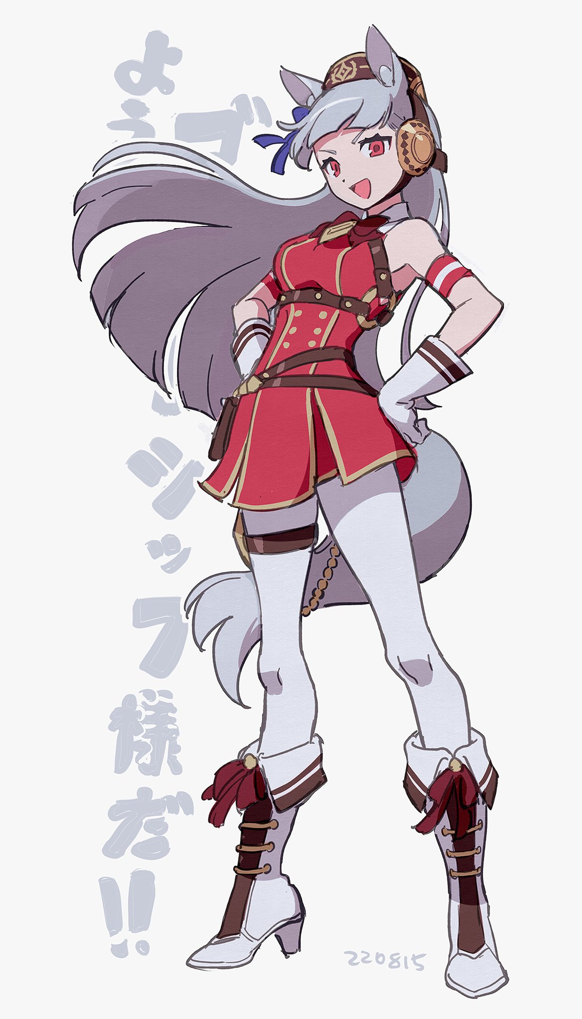 1girl animal_ears bare_shoulders blue_bow boots bow bowtie collared_dress dress ear_bow full_body gloves gold_ship_(umamusume) hands_on_hips headgear high_heel_boots high_heels highres horse_ears horse_girl horse_tail long_hair looking_at_viewer pantyhose pillbox_hat pleated_dress red_bow red_bowtie red_dress red_eyes sleeveless solo tail thigh_strap translation_request umamusume uumemeorg white_footwear white_gloves white_hair white_pantyhose