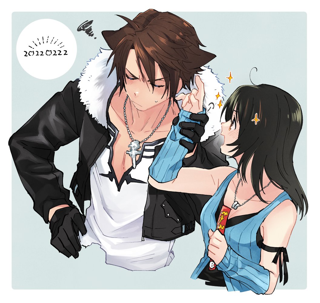 1boy 1girl animal_ears animalization arm_ribbon arm_warmers bangs bare_shoulders black_gloves black_hair black_jacket black_ribbon black_shirt blue_cardigan border breasts brown_eyes brown_hair cardigan cat_ears chain_necklace chasyumori closed_eyes couple cropped_jacket dated final_fantasy final_fantasy_viii fur_collar gloves grey_background hand_on_hip holding holding_another's_wrist jacket jewelry long_hair looking_at_another medium_breasts multicolored_hair necklace open_mouth parted_bangs pointing ribbon ring_necklace rinoa_heartilly scar scar_on_face shirt short_hair sleeveless sleeveless_shirt smile sparkle squall_leonhart streaked_hair sweatdrop upper_body white_shirt