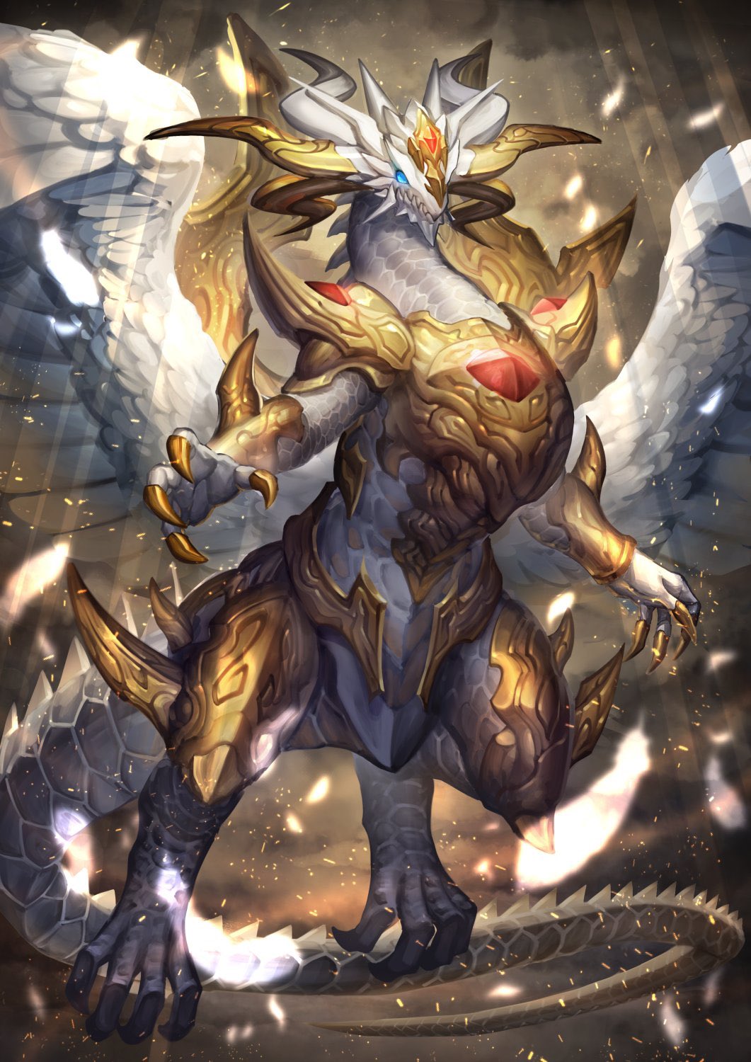 animal_focus armor blank_eyes blue_sclera breastplate brown_background brown_sky claws clouds colored_sclera commentary cuisses dragon falling_feathers feathered_wings full_body gamazou gem glowing headpiece highres horns light_particles light_rays midair multiple_horns no_humans original outdoors pauldrons red_gemstone scales sharp_teeth shoulder_armor solo spikes sunbeam sunlight symbol-only_commentary tail teeth vambraces white_wings wings