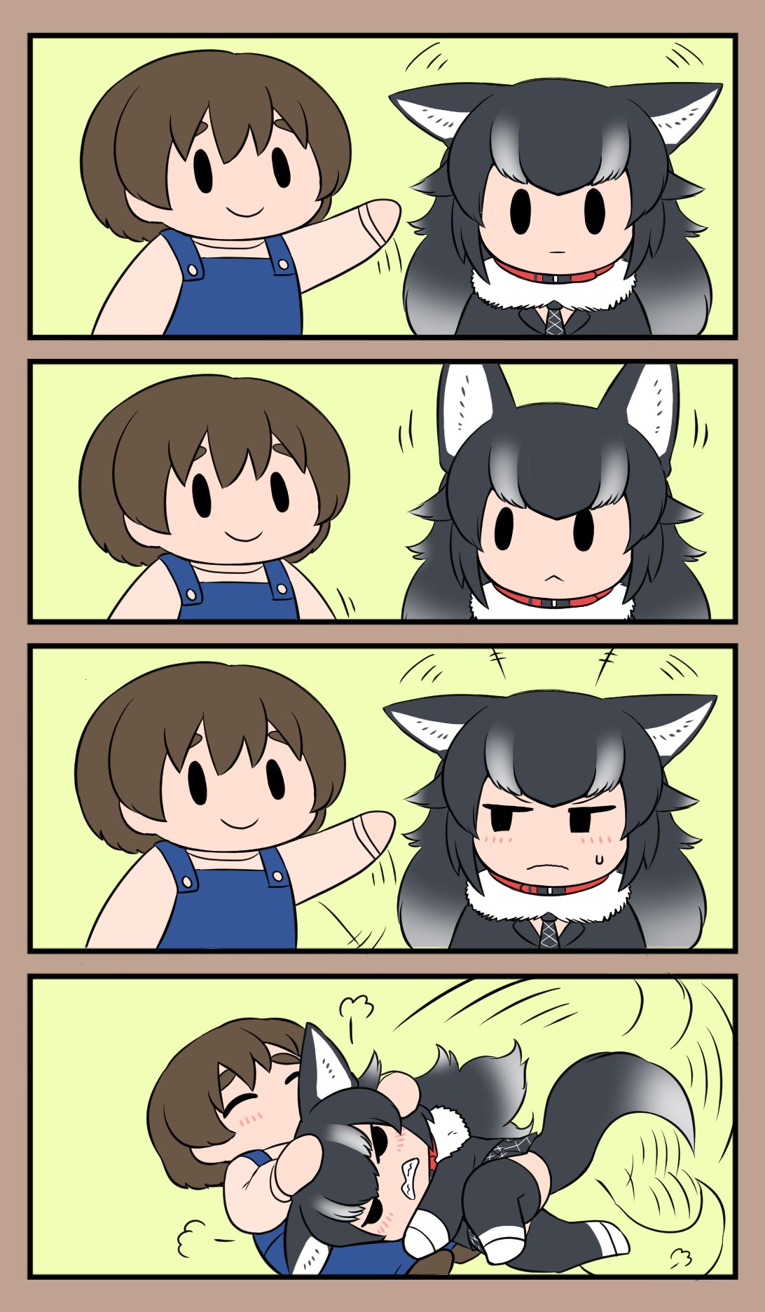 1boy 1girl animal_ears black_hair blush bokoboko_(pandagapanda1) brown_hair captain_(kemono_friends) closed_eyes closed_mouth commentary fur_collar grey_wolf_(kemono_friends) hand_on_another's_head headpat highres kemono_friends kemono_friends_3 necktie overalls petting plaid_necktie smile sweatdrop tail teasing thigh-highs wolf_ears wolf_girl wolf_tail