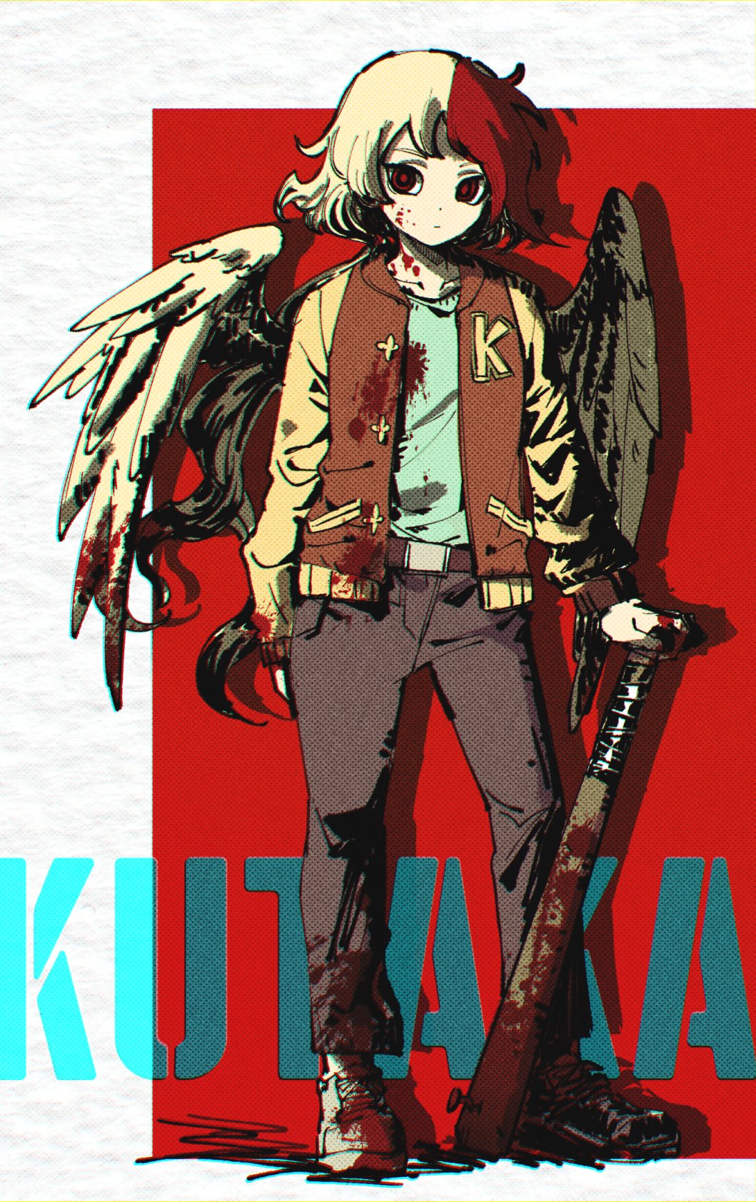 1girl alternate_costume aqua_shirt bangs baseball_bat belt bird_tail bird_wings blonde_hair blood blood_on_clothes blood_on_face blood_on_weapon bloody_wings brown_jacket brown_pants closed_mouth collarbone commentary cosplay crossover expressionless full_body gretia highres hotline_miami jacket jacket_(hotline_miami) jacket_(hotline_miami)_(cosplay) letterman_jacket long_sleeves looking_at_viewer medium_hair multicolored_hair niwatari_kutaka open_clothes open_jacket pants red_eyes redhead shirt shoes sneakers solo tail touhou two-tone_hair weapon wings yellow_jacket yellow_wings