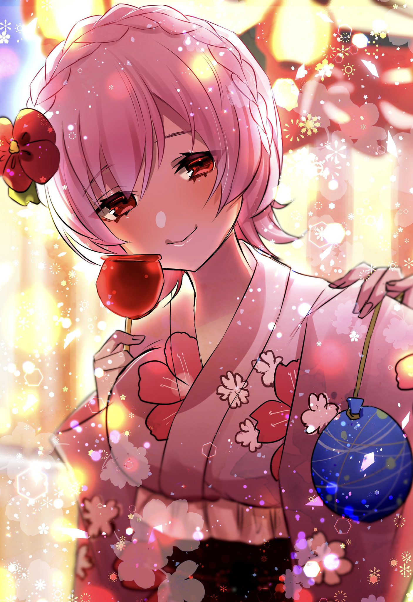 1girl assault_lily bag bangs blurry blurry_background blurry_foreground braid breasts candy_apple closed_mouth commentary crown_braid depth_of_field festival floral_print flower flower_(symbol) food frilled_kimono frills hair_between_eyes hair_flower hair_ornament hands_up head_tilt highres hitotsuyanagi_riri holding holding_bag holding_food japanese_clothes kikikaikai_(kikikaikai_chan) kimono kinchaku lantern light_particles long_sleeves looking_at_viewer medium_breasts night obi official_alternate_costume official_alternate_hairstyle outdoors paper_lantern pink_hair pink_kimono pouch print_kimono red_eyes red_flower sash short_hair single_braid sleeves_past_wrists smile solo summer_festival upper_body wide_sleeves