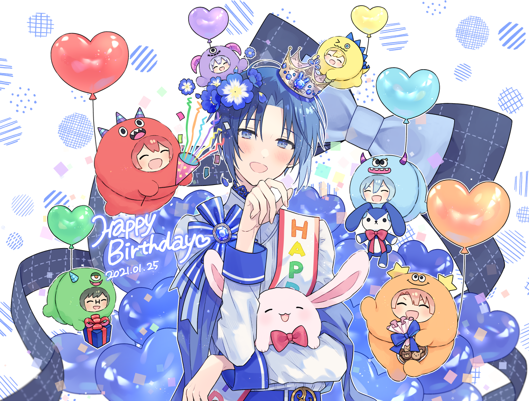 6+boys balloon birthday bishounen blue_flower blue_hair chocolate confetti flower gem happy_birthday heart_balloon idolish_7 izumi_iori izumi_mitsuki jewelry looking_at_viewer male_focus multiple_boys nanase_riku nikaido_yamato open_mouth osaka_sougo redhead rokuya_nagi short_hair smile solo tayako tiara yotsuba_tamaki