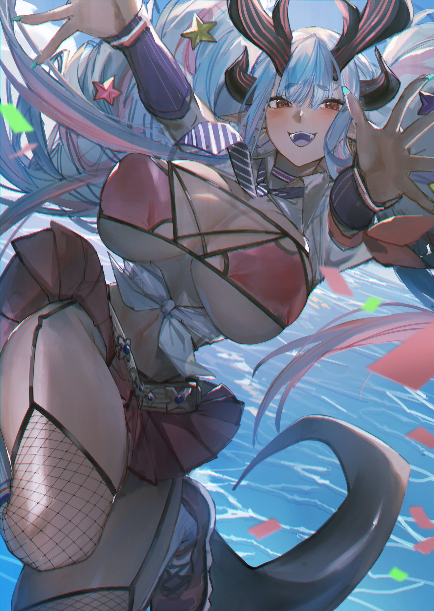 1girl beach blue_hair blue_nails breasts breasts_apart cheerleader curvy dark-skinned_male dark_skin fang fangs fate/grand_order fate_(series) fishnets highres horns hug ibuki_douji_(fate) large_breasts long_sleeves looking_at_viewer miniskirt monster_girl necktie no_panties oni oni_horns outstretched_arms revealing_clothes ryuuji_teitoku school_uniform skirt smile swimsuit tail thick_thighs thigh-highs thigh_strap thighs type-moon