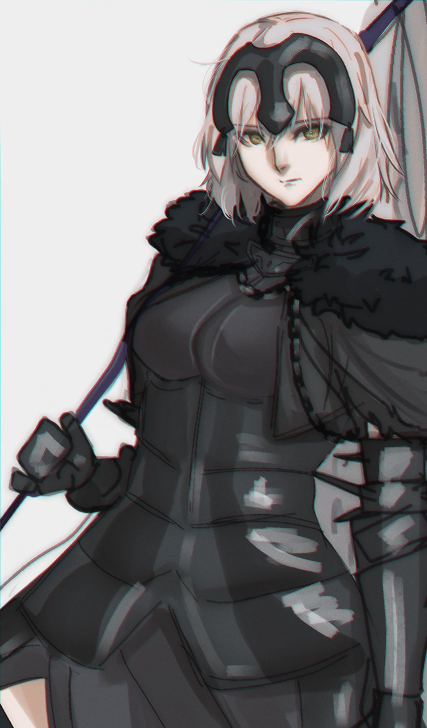 1girl armor blonde_hair breasts capelet chain code_nt expressionless fate/grand_order fate_(series) fur_collar gauntlets gorget hair_between_eyes headpiece highres jeanne_d'arc_alter_(fate) large_breasts looking_to_the_side pale_skin solo standard_bearer white_background yellow_eyes