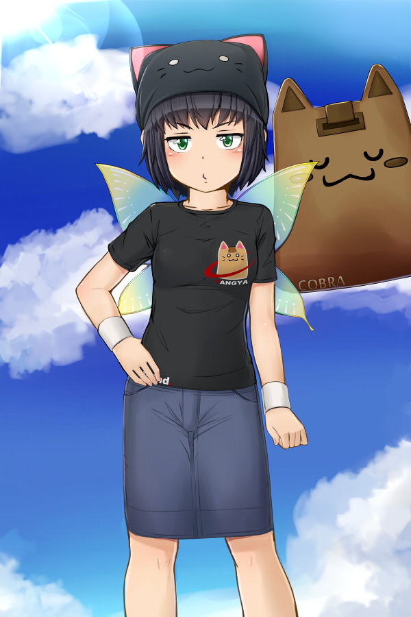 1girl animal_hat bangs black_hair black_shirt blue_skirt blue_sky blush breasts cat_hat character_request closed_mouth clouds commentary_request day denim denim_skirt fairy_wings feet_out_of_frame green_eyes hat kitsunerider looking_at_viewer medium_breasts pangya revision shirt short_hair skirt sky solo t-shirt wings wristband