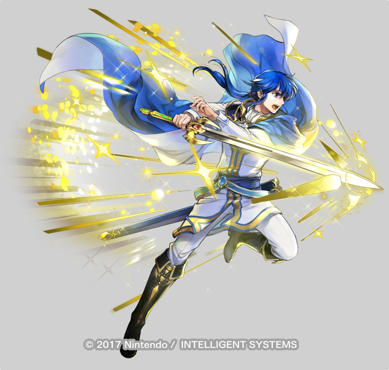 1boy armor ascot bangs belt black_footwear blue_belt blue_cape blue_eyes blue_hair boots cape cosplay fire_emblem fire_emblem:_genealogy_of_the_holy_war fire_emblem_heroes full_body grey_background hair_between_eyes headband holding holding_sword holding_weapon jacket long_hair long_sleeves low_ponytail male_focus official_art open_mouth pants scabbard seliph_(fire_emblem) sheath shoulder_armor sigurd_(fire_emblem) sigurd_(fire_emblem)_(cosplay) simple_background solo sword tyrfing_(fire_emblem) wada_sachiko weapon white_ascot white_jacket white_pants