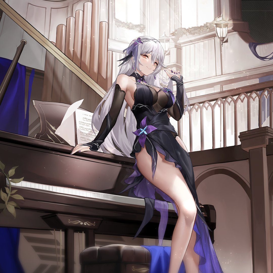 1girl aether_gazer bangs bare_legs black_dress character_request dress grand_piano hairband indoors instrument looking_at_viewer piano piano_bench purple_nails sheet_music solo tearlessflower white_hair yellow_eyes
