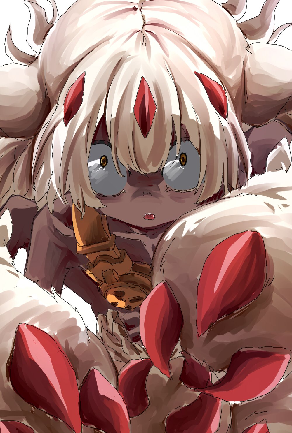1girl :o claws dark_skin extra_arms faputa fewer_digits hair_between_eyes highres kororopon looking_at_viewer made_in_abyss monster_girl open_mouth reaching_out simple_background solo very_dark_skin white_background white_fur yellow_eyes