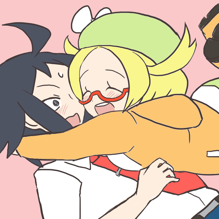 1boy 1girl belt bianca_(pokemon) black_hair blonde_hair blush cheren_(pokemon) collared_shirt glasses green_headwear happy hat hug jacket necktie open_mouth orange_footwear orange_jacket pink_background pokemon pokemon_(game) pokemon_bw2 red-framed_eyewear shinuverna shirt sweat