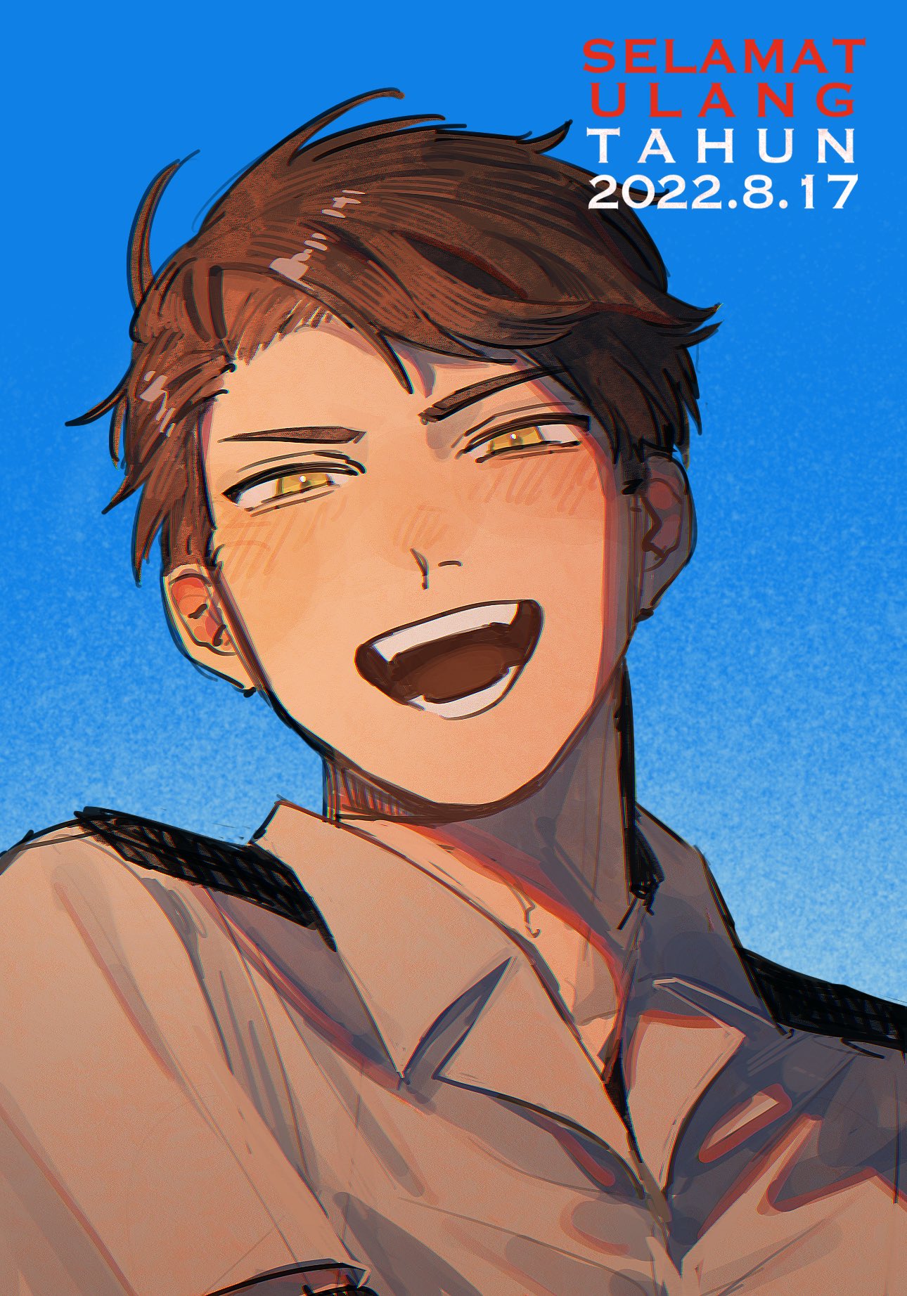 1boy :d axis_powers_hetalia birthday blue_sky blush brown_hair collared_shirt dated fangs grey_shirt happy highres indonesia_(hetalia) indonesian_text looking_at_viewer lower_teeth male_focus mi_kan1609 shirt short_hair shoulder_pads sky smile solo teeth upper_body yellow_eyes