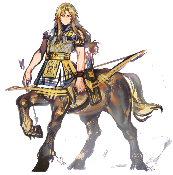 1boy arm_strap armor arrow_(projectile) blonde_hair blue_scarf bow_(weapon) centaur chiron_(fate) curtained_hair fate/apocrypha fate/grand_order fate_(series) full_body green_eyes holding holding_arrow holding_bow_(weapon) holding_weapon long_hair looking_to_the_side low-tied_long_hair male_focus quiver scarf simple_background sketch sleeveless smile solo taur tunic weapon white_background white_tunic wristband yurizuka_(sergeant_heart)