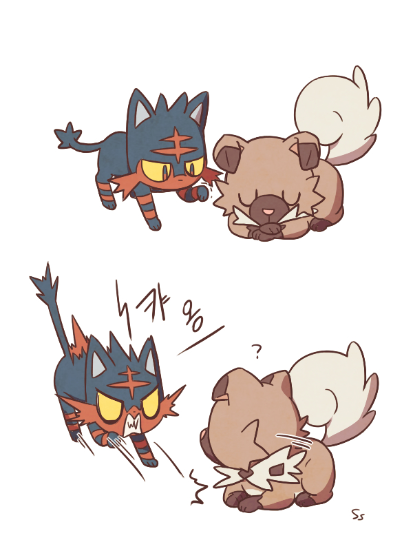 ? animal_focus clenched_teeth closed_eyes commentary korean_text litten looking_to_the_side lying motion_lines no_humans on_stomach pokemon pokemon_(creature) rockruff simple_background sleeping ssalbulre teeth translation_request u_u white_background