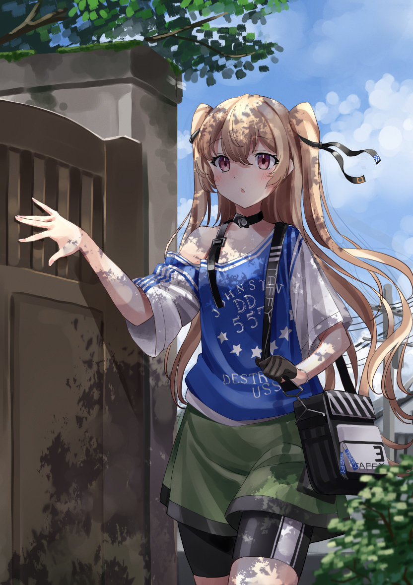 1girl alternate_costume bag bike_shorts brown_eyes choker day door gloves grass house johnston_(kancolle) kantai_collection light_brown_hair long_hair mayura2002 outdoors power_lines shadow shirt short_sleeves single_glove skirt smile solo tree twintails two_side_up