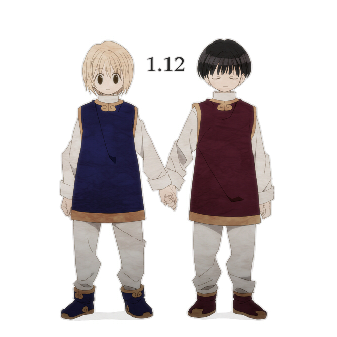 16_ban 2boys ankle_boots arms_at_sides bangs black_hair blonde_hair blue_footwear blue_tunic boots child closed_eyes closed_mouth dated expressionless full_body holding_hands hunter_x_hunter kurapika long_sleeves male_child male_focus multiple_boys pairo pants red_footwear red_tunic shirt short_hair side-by-side simple_background smile standing white_background white_pants white_shirt younger