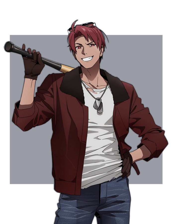 1boy ahoge america_(hetalia) axis_powers_hetalia baseball_bat cocked_eyebrow dark-skinned_male dark_persona dark_skin denim dog_tags eyewear_on_head fur-trimmed_jacket fur_trim gloves grey_background grin hand_on_hip jacket jeans littleb623 male_focus pants red_eyes redhead shirt smile sunglasses torn_clothes torn_shirt two-tone_background white_background white_shirt