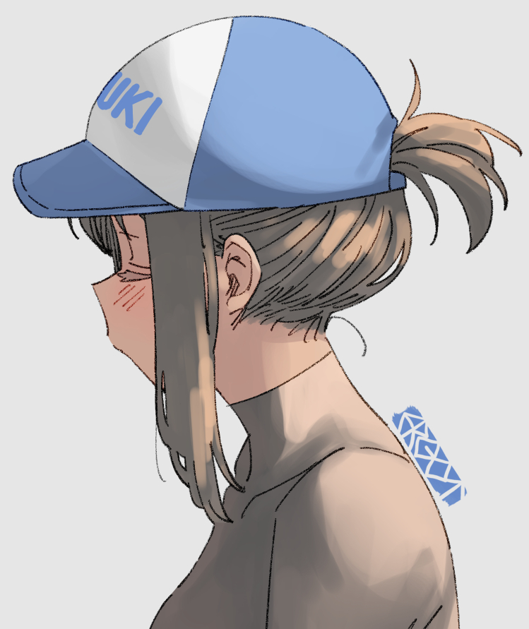 1girl bangs baseball_cap black_shirt blush brown_hair closed_eyes clothes_writing commentary_request ergot from_side fubuki_(kancolle) grey_background hat kantai_collection official_alternate_costume ponytail portrait profile shirt short_ponytail sidelocks signature simple_background solo undershirt