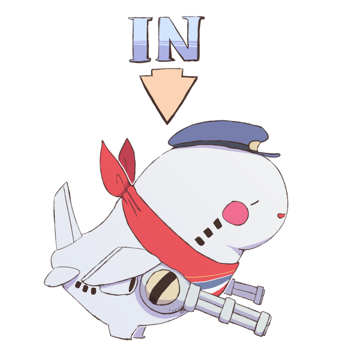 1other aircraft airplane arrow_(symbol) bandana blue_headwear blush_stickers boke-chan closed_eyes commentary_request english_text from_side full_body gatling_gun happy hat metal_slug open_mouth osaka_international_airport other_focus peaked_cap profile red_bandana simple_background smile solo sorayan standing white_background