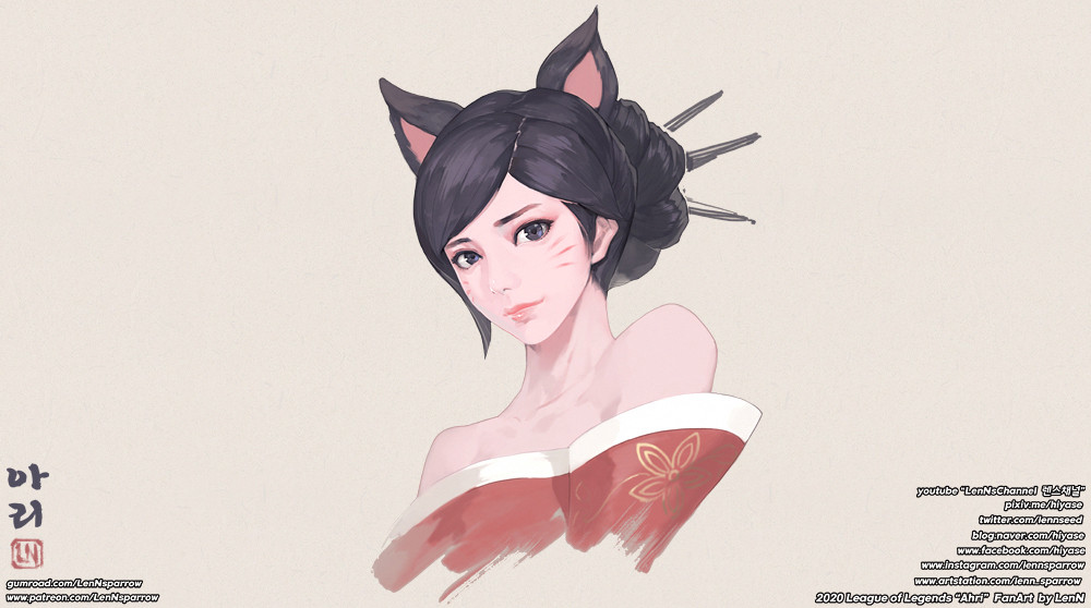 1girl ahri_(league_of_legends) animal_ears artist_name bangs black_eyes black_hair brown_background character_name closed_mouth fox_ears fox_girl hair_bun japanese_clothes kimono league_of_legends lenn_sparrow lips looking_at_viewer off_shoulder red_kimono simple_background single_hair_bun smile upper_body