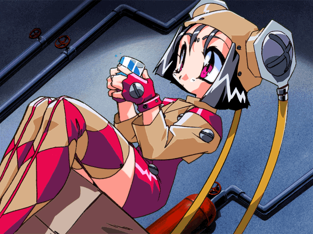 1990s_(style) 1girl argyle_thighhighs black_hair cup dutch_angle feet_out_of_frame fingerless_gloves gloves hat holding holding_cup jaja_uma_quartet long_sleeves non-web_source official_art red_eyes red_gloves retro_artstyle short_hair sitting solo wireless