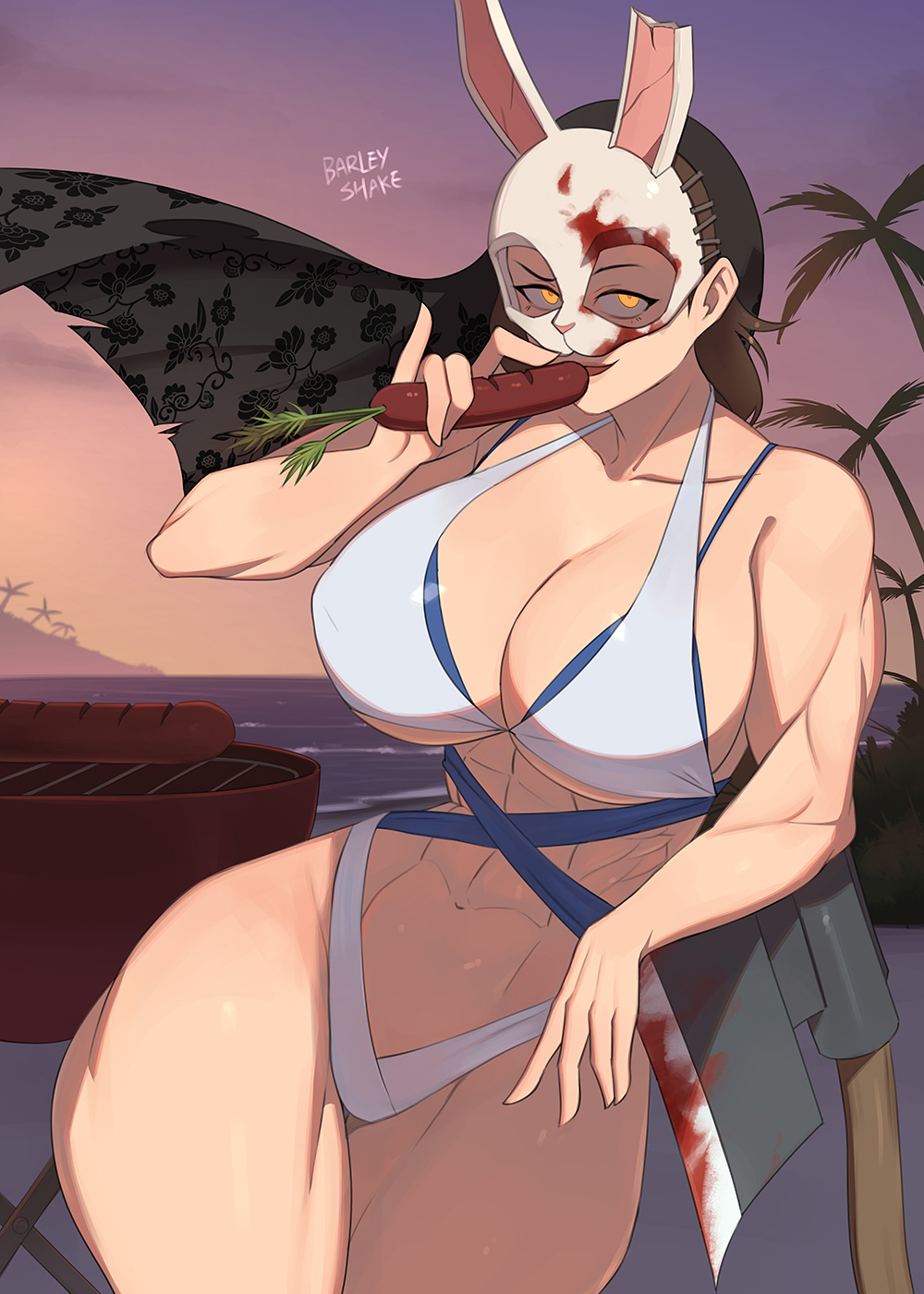 1girl abs barleyshake bikini blood breasts bunny_mask carrot dead_by_daylight highres holding hooked_on_you large_breasts long_hair looking_at_viewer mask muscular muscular_female open_mouth smile solo swimsuit the_huntress_(dead_by_daylight)