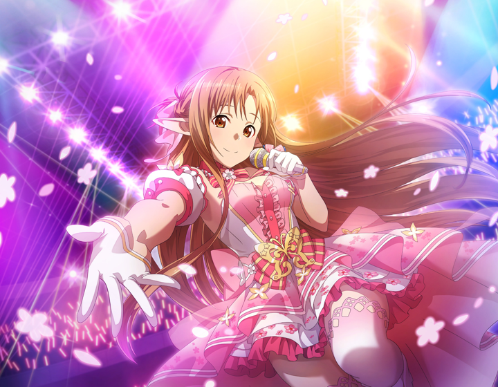1girl asuna_(sao) audience brown_eyes brown_hair closed_mouth detached_sleeves dress floating_hair game_cg gloves holding holding_microphone idol layered_dress layered_skirt long_hair looking_at_viewer microphone miniskirt multicolored_clothes multicolored_dress pink_dress pink_thighhighs pointy_ears short_dress short_sleeves skirt smile solo stage strapless strapless_dress sword_art_online thigh-highs very_long_hair white_dress white_gloves white_sleeves