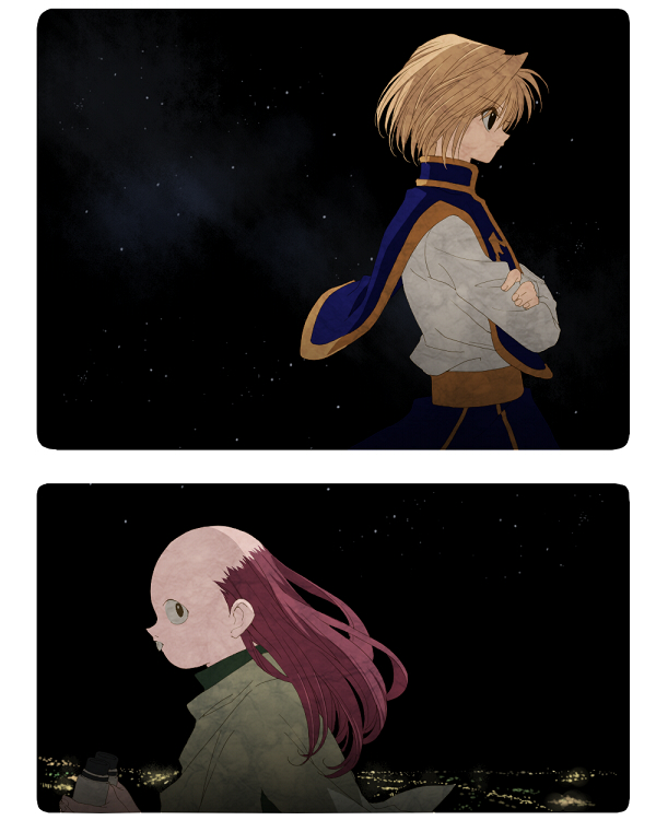 16_ban 1boy 1girl bald bald_girl bangs binoculars blonde_hair blue_footwear buck_teeth cloak crossed_arms floating_clothes floating_hair from_side green_cloak holding holding_binoculars hunter_x_hunter kurapika long_hair long_sleeves looking_at_viewer looking_away pink_hair profile purple_hair rounded_corners senritsu shirt short_hair sideways_glance sky split_screen star_(sky) starry_sky tabard teeth upper_body white_shirt wind