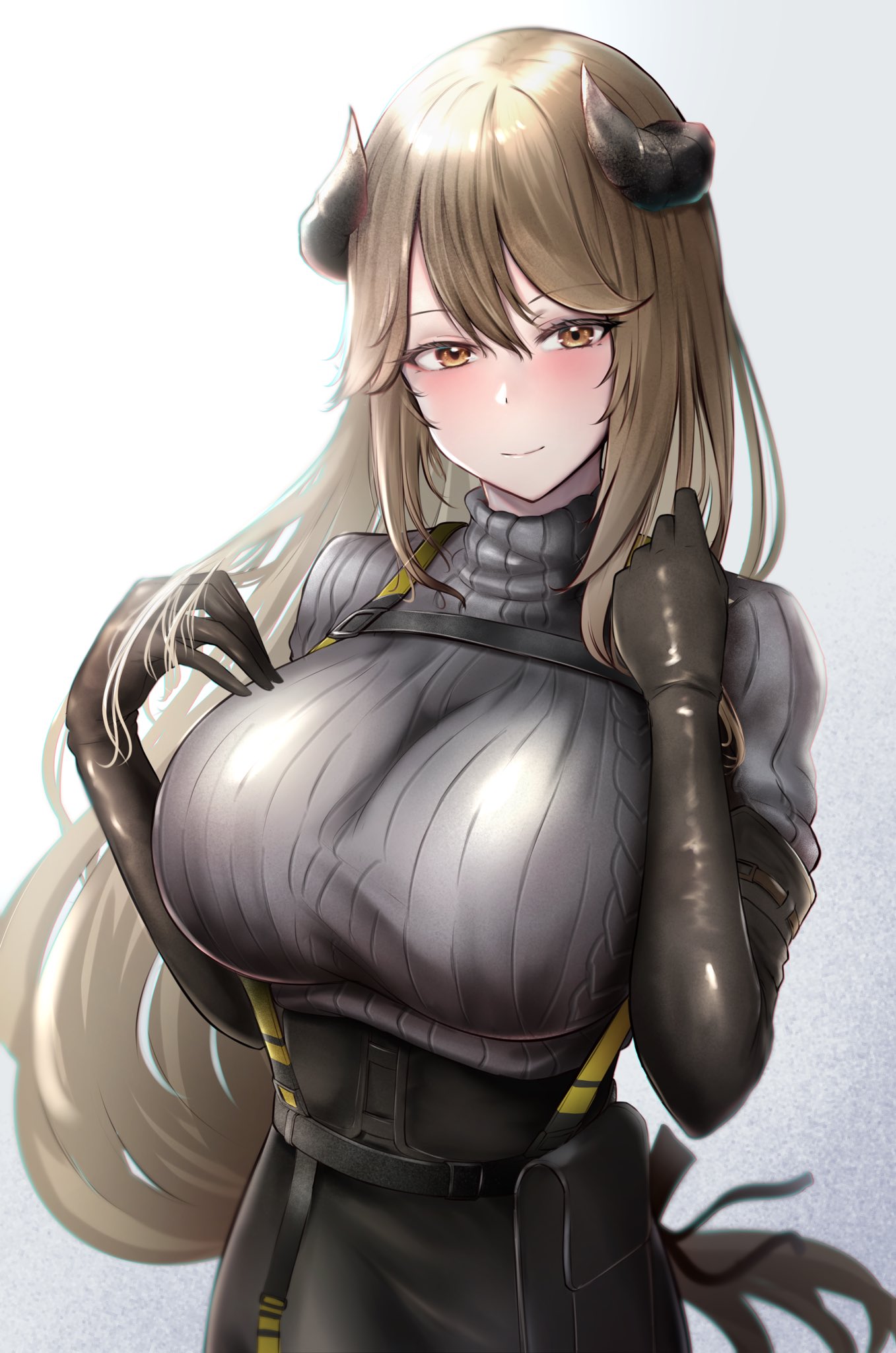 1girl arknights blonde_hair breasts closed_mouth elbow_gloves gloves highres horns large_breasts long_hair looking_at_viewer meteorite_(arknights) poni_(poni_arknights) simple_background solo sweater upper_body very_long_hair