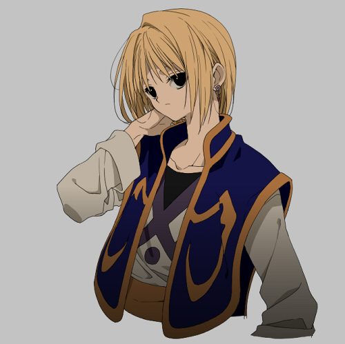 16_ban 1boy bangs blonde_hair blue_vest bob_cut closed_mouth collarbone cropped_torso earrings grey_background hand_up hunter_x_hunter jewelry kurapika long_sleeves looking_at_viewer lowres male_focus open_clothes open_vest sash shirt short_hair simple_background solo undershirt vest white_shirt