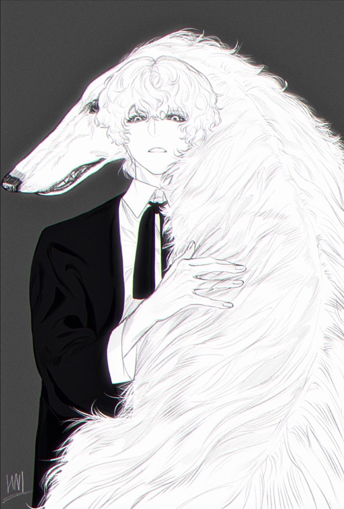 1boy animal bangs clenched_teeth collared_shirt colored_sclera curly_hair dog formal greyscale hair_between_eyes hand_up hanes_025 highres jacket long_sleeves looking_at_viewer monochrome neck_ribbon original petting ribbon roy_(hanes_025) shirt short_hair simple_background suit teeth upper_body