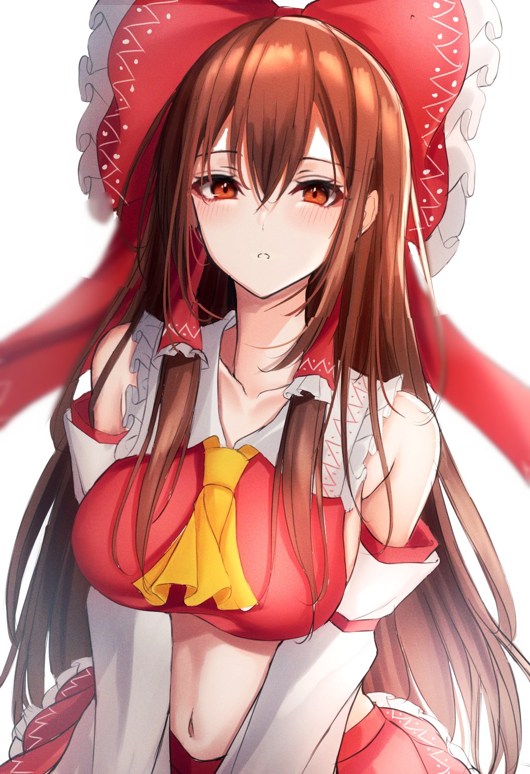 .me 1girl ascot bow breasts brown_eyes brown_hair collared_shirt crop_top detached_sleeves frilled_bow frilled_hair_tubes frilled_shirt_collar frilled_skirt frills hair_bow hair_tubes hakurei_reimu highres long_hair midriff navel red_bow red_shirt red_skirt ribbon-trimmed_sleeves ribbon_trim shirt sideboob sidelocks simple_background skirt skirt_set sleeveless sleeveless_shirt solo touhou white_background white_sleeves wide_sleeves yellow_ascot