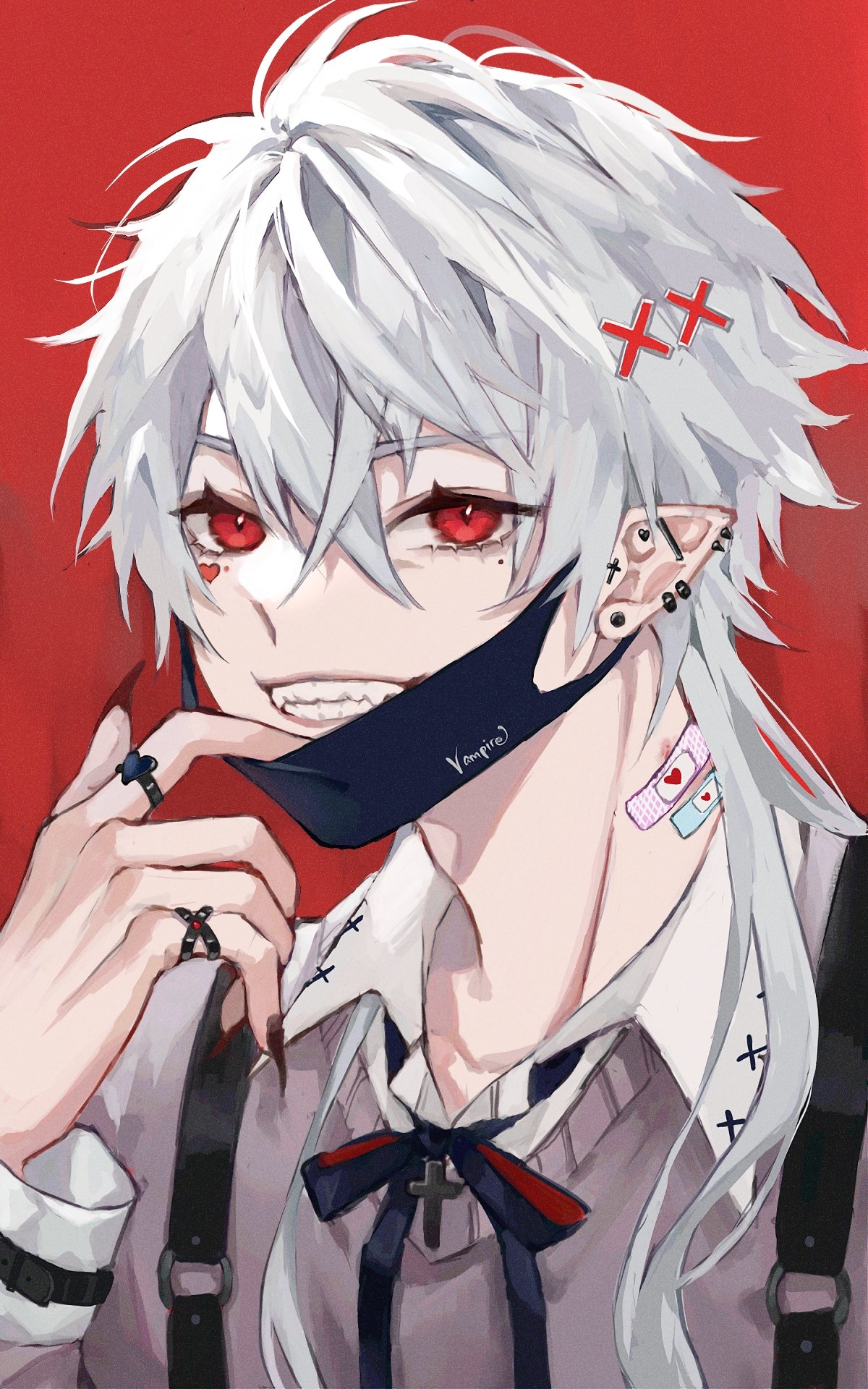 1boy bandaid bandaid_on_neck bangs black_mask black_ribbon collared_shirt commentary cross cross_earrings crossed_bangs ear_piercing earrings eyelashes facial_mark fingernails grey_shirt grin hair_between_eyes hair_ornament hand_up heart heart_facial_mark highres industrial_pipe jewelry kuzuha_(nijisanji) long_fingernails long_hair long_sleeves looking_at_viewer male_focus mask mask_pull mayu_mey mole mole_under_eye mouth_mask multiple_rings nail_polish neck_ribbon nijisanji o-ring piercing pointy_ears red_background red_eyes red_nails ribbon ring sharp_fingernails shirt sidelocks smile solo suspenders teeth upper_body virtual_youtuber white_hair wing_collar x_hair_ornament