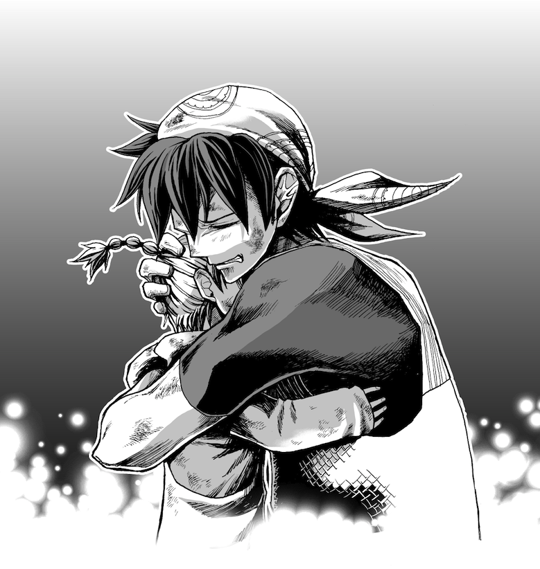 akitaka_(s_asai) armor bandana chainmail chrono_cross clenched_teeth closed_eyes crying dirty dirty_clothes dirty_face female_child gradient gradient_background greyscale hair_between_eyes hand_on_another's_head hug kid_(chrono_cross) long_sleeves medium_hair monochrome multi-tied_hair ponytail serge_(chrono_cross) short_hair short_sleeves teeth time_paradox upper_body younger