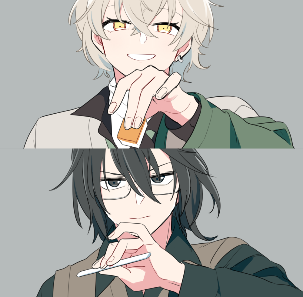 2boys black_eyes black_hair closed_mouth earrings glasses grey_background ishihara_usumi jewelry jiitarou kisaragi_ren_(mahjong_soul) looking_at_another looking_at_viewer mahjong_soul male_focus multiple_boys object_request open_mouth short_hair smile teeth wavy_hair white_hair yellow_eyes