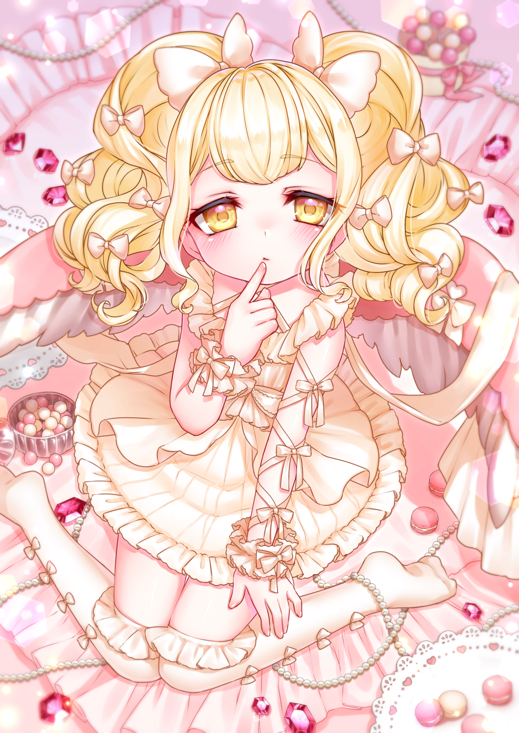 1girl angel_wings arm_ribbon bangs blonde_hair blush bow bowl candy criss-cross_halter dress feathered_wings finger_to_mouth food frilled_dress frills gem hair_bow half-closed_eyes halterneck highres index_finger_raised kneeling macaron multiple_hair_bows original pearl_(gemstone) plate ribbon short_hair sleeveless sleeveless_dress sock_bow socks solo twintails wavy_hair wings wrist_cuffs yellow_eyes yukiririn