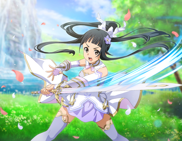 1girl black_hair blurry blurry_background brown_eyes day detached_sleeves fingerless_gloves floating_hair flower game_cg gloves grey_thighhighs hair_flower hair_ornament holding holding_sword holding_weapon long_hair long_sleeves miniskirt open_mouth outdoors petals ponytail purple_flower purple_skirt skirt solo sword sword_art_online thigh-highs v-shaped_eyebrows very_long_hair weapon white_gloves white_sleeves yui_(sao) zettai_ryouiki