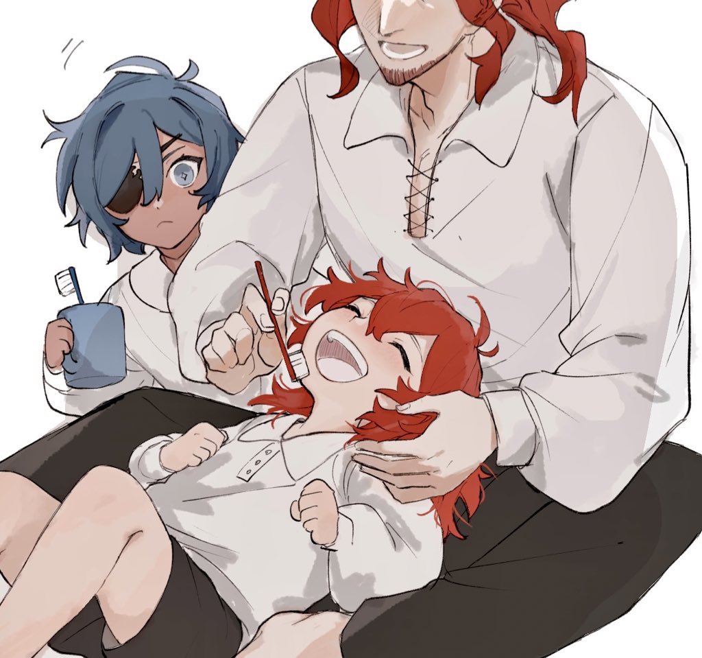 2boys bangs blue_eyes blue_hair brothers brushing_another's_teeth brushing_teeth child closed_eyes collared_shirt commentary_request crepus_(genshin_impact) cup dark-skinned_male dark_skin diluc_(genshin_impact) eyepatch facial_hair father_and_son genshin_impact hair_between_eyes happy head_out_of_frame holding holding_cup kaeya_(genshin_impact) lap_pillow long_sleeves looking_at_viewer male_child male_focus mug multiple_boys open_mouth redhead shirt siblings takotakoone toothbrush white_background younger