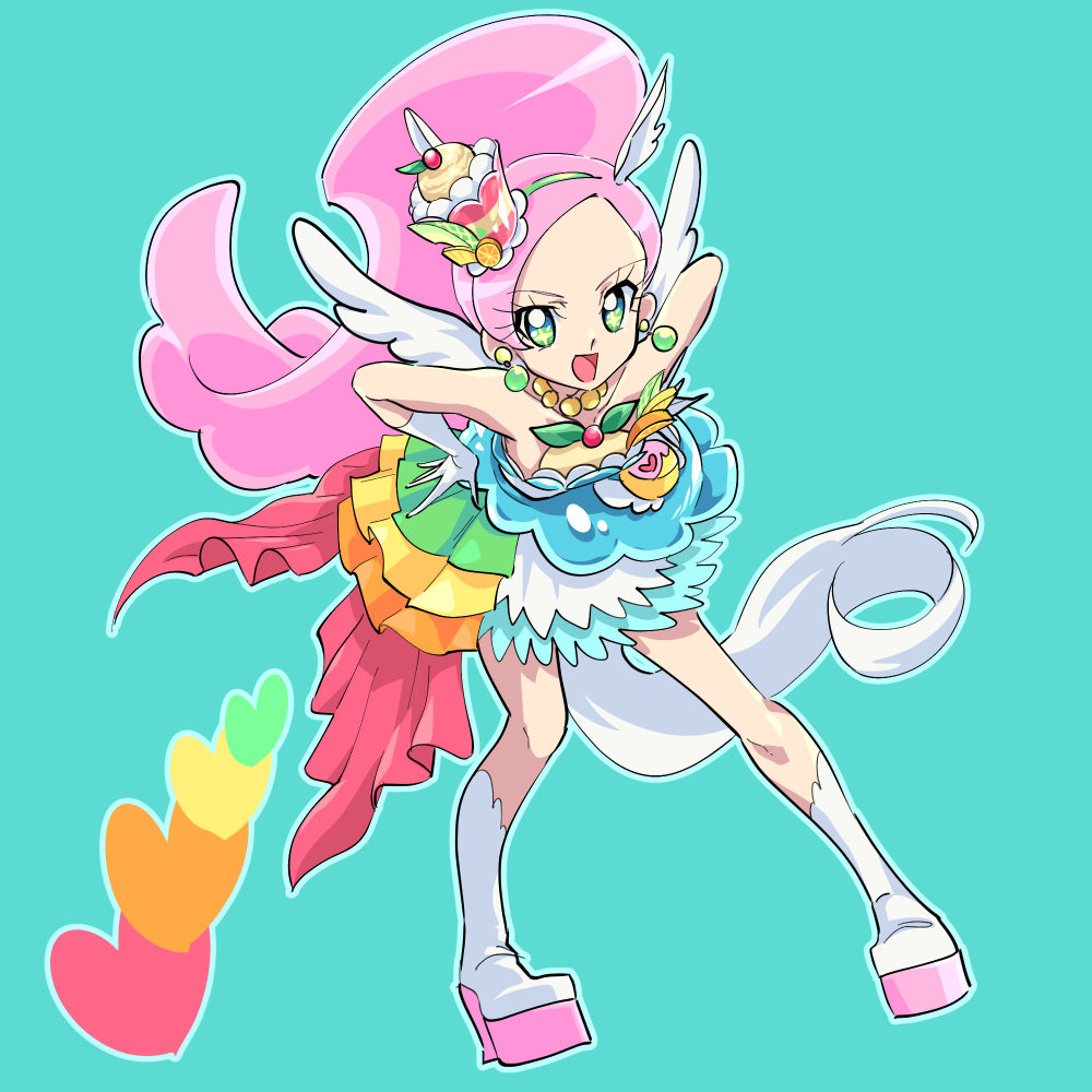 1girl :d bangs boots cure_parfait full_body gloves green_background green_eyes green_hairband hair_ornament hairband haru_283 heart kirahoshi_ciel kirakira_precure_a_la_mode looking_at_viewer pink_hair ponytail precure simple_background smile solo swept_bangs white_footwear white_gloves