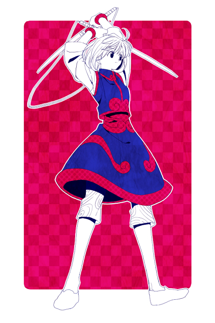 16_ban 1girl arms_up bangs blue_skirt blue_tunic bob_cut checkered_background flats full_body holding holding_sword holding_weapon hunter_x_hunter kurapika's_mother legs_apart limited_palette long_sleeves looking_away miniskirt outline outside_border pants pants_under_skirt pink_background rounded_corners shirt short_hair skirt skirt_set solo standing string sword vest weapon white_outline white_shirt